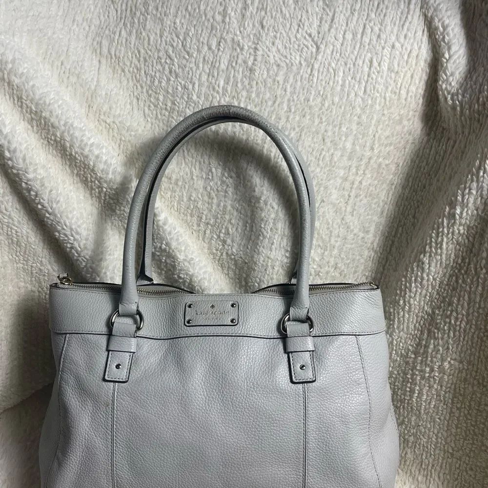Kate Spade Elegant Gray Leather large Tote Bag silver tone hardwares .